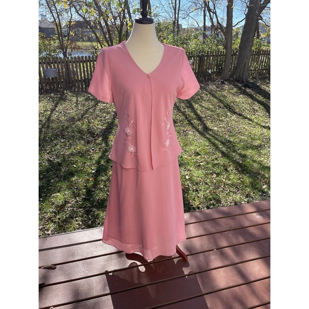 Leslie Belle Pink Size 10P Short Sleeve Two-Piece Maxi Dress With Floral Embroid